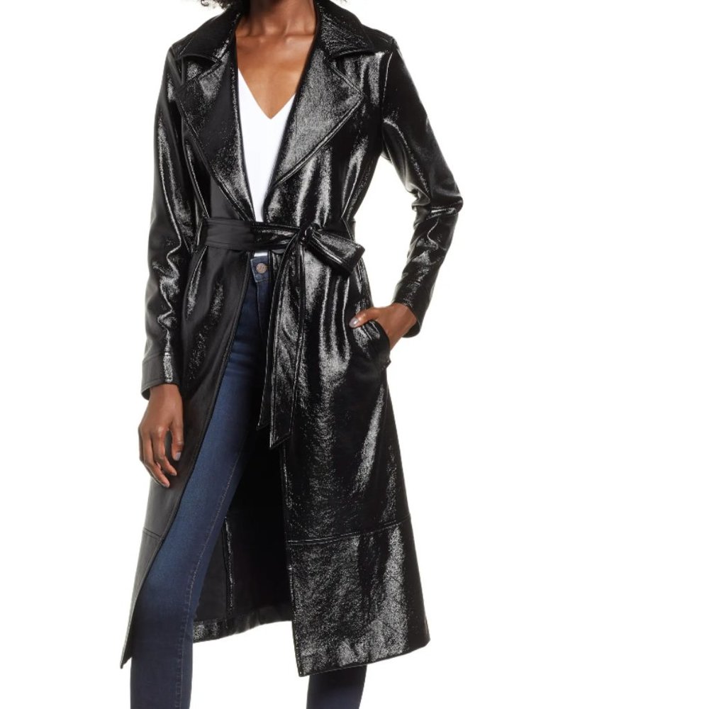 Faux Patent Leather Trench Coat